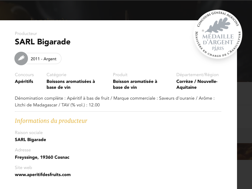 Médaille d'argent 2011 pour l'apéritif au litchi